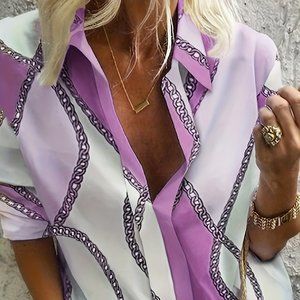 Lavender Chain Print Pullover Blouse – V-Neck Short Sleeve Top (2XL)